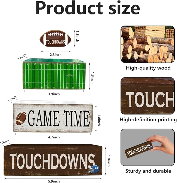 4 Pcs Football Table Decorations Football Wooden Tiered Tray Decor Decorative Sport Centerpiece Faux Book Block Sign for Desk Tabletop Floating Shelf Mantel Fireplace Home Decor