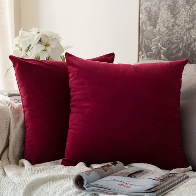 MIULEE Pack of 2 Velvet Soft Solid Decorative Throw Pillow Covers Burgundy Pillowcases for Sofa Bedroom Couch Car,18x18 Inch Wine Red