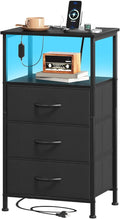 Somdot Black Nightstand with Charging Station and LED Light for Bedroom, Tall 3 Drawers Dresser with Fabric Bins for Bedside Kids Dorm Room Closet Laundry Entryway, Black