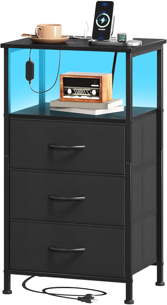 Somdot Black Nightstand with Charging Station and LED Light for Bedroom, Tall 3 Drawers Dresser with Fabric Bins for Bedside Kids Dorm Room Closet Laundry Entryway, Black