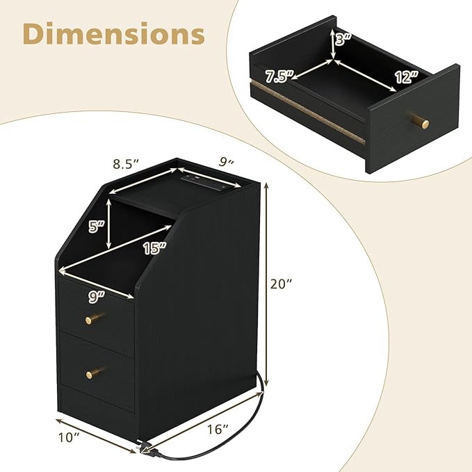 KOMFOTT Set of 2 Side Tables with Charging Station, End Tables with Storage Drawers, Sofa Couch Tables for Small Space, Modern Narrow Nightstands for Bedroom (Black,2)