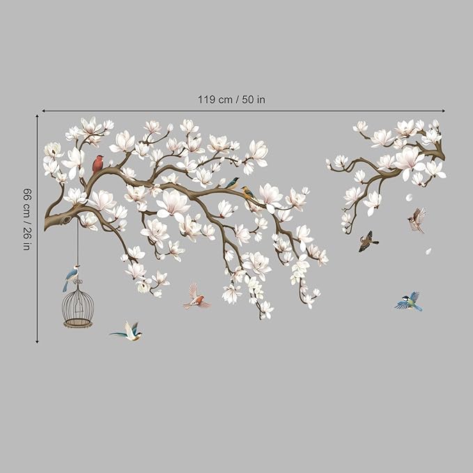 wondever Magnolia Flowers Tree Branch Wall Stickers White Floral Birds Peel and Stick Wall Art Decals for Living Room Bedroom Sofa