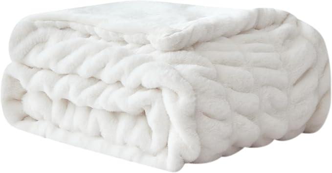 WDCOZY Ruched Faux Fur Throw Blanket Soft Cozy Fluffy Luxurious Blankets Couch Bed Sofa Chair Home Decor Warm Furry Fall Winter Plush Rabbit Fur Bubble Blanket 60" x 80", Ivory Cream White
