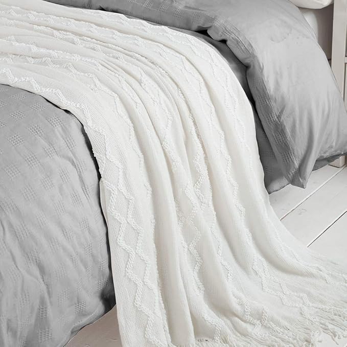 BOURINA Fluffy Chenille Knitted Fringe Throw Blanket Lightweight Soft Cozy for Bed Sofa Chair Throw Blankets, Off White 60"x80"