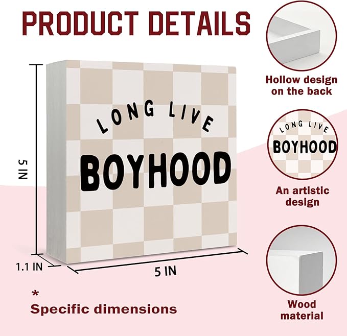 Lacama Boys Room Decor Wooden Box Sign, Long Live Boyhood Decorations Wood Block Signs, Retro Neutral Checkered Wood Sign for Toddler Boys Nursery Room Bedroom Desk Shelf Wall Decor 5x5 In