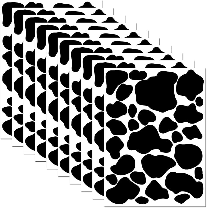 Cow Print Stickers - 10 Sheets 280 Pieces Black Vinyl Adhesive Cow Spot Pattern Print Wall Art Decals for Kitchen Bathroom Bedroom Living Room Home Nursery Classroom Wall Décor