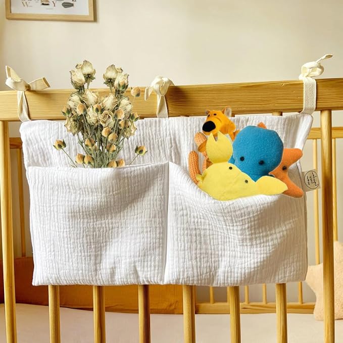 Linen Baby Bedside Hanging Storage Bag, 2 Pockets Organizer for Baby Cribs Diapers, Toys, Clothing, Milk Bottle