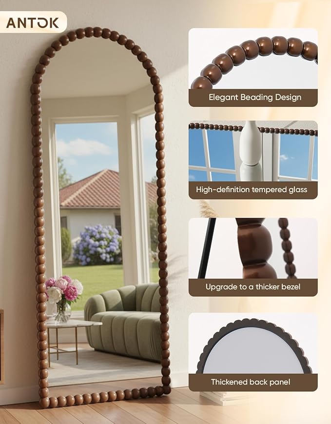 Antok 57" x 21" Arched Full Length Mirror, Antique Beaded Frame Floor Standing or Wall Mounted Mirror with Stand for Bedroom, Entryway, Brown, Luxury Style