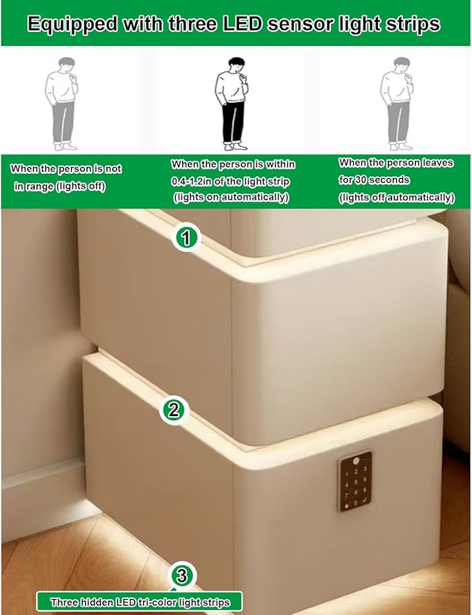 Smart Narrow Nightstand with 3 Drawers 11.8" W x 15.7" D x 25.2" H, Charging Nightstand, Modern Leather Bedside Table, Password Lock, LED Sensor Light, USB Port (3 Drawers, White)
