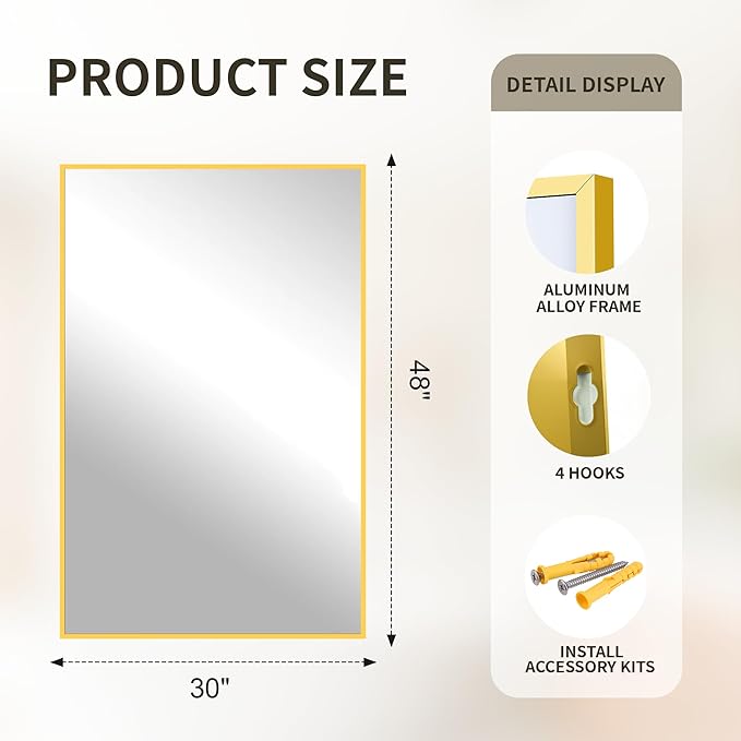 FICTOR Bathroom Vanity Mirror-Gold,48x30 Inch, Shatterproof & Anti-Rust, Wall Mount Large Rectangle Mirrors with Metal Frame for Over Sink, Bathroom, Bedroom, Living Room,Entryway