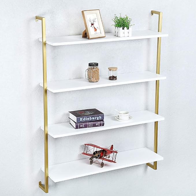 Industrial Metal Wall Shelf,Floating Wood Shelves Wall Mounted,36in Real Wood Book Shelves,4 Tier for Bedrooms Office