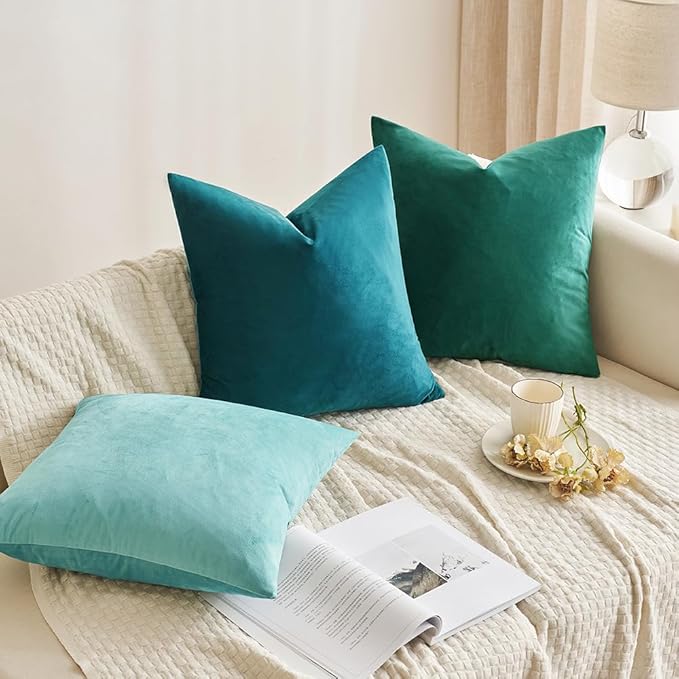 MIULEE Velvet Throw Pillow Covers 16x16 Inch, Pack of 2 - Teal, Soft Solid Decorative Pillow Covers Square Cushion Cases Modern Luxury Home Decor for Spring Couch Sofa Bedroom