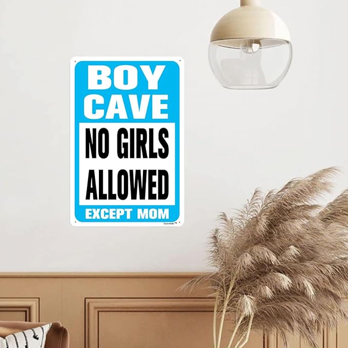8"x12" Aluminum Sign, Boy Cave Signs No Girls Allowed Except Mom Sign, Blue Metal Sign for Little Man Cave Bedroom Living Room Wall Decor