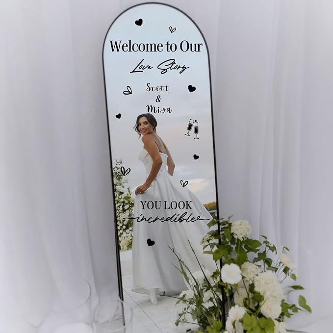 HLNIUC Welcome To Our Love Story Mirror Stickers Double-Sized 2Pcs,DIY Lettering Wedding Wall Decal,Bride And Groom Names Decals,Hello Darling Wedding Sticker for Window Sign Marriage Decoration