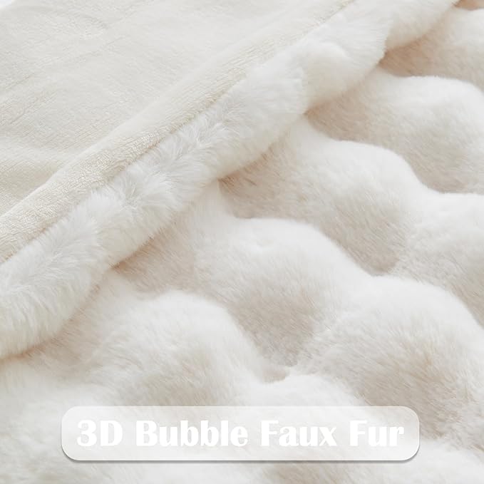 NEWCOSPLAY Faux Fur Twin Blanket Ivory Luxury Fluffy Thick Warm Bubble Blanket for Couch Sofa Bed 1000GSM (Ivory Bubble Thick, Twin(60"x80"))
