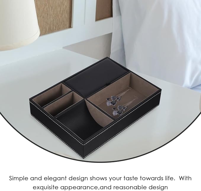 Faux Leather Nightstand Jewelry Box 10.23X7.20X2.04In Multi-Compartment Storage Organizer for Watches Phone Wallet Keys with Retro Style for Bedroom and Office