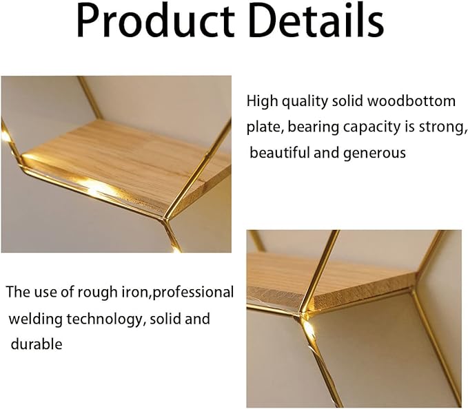Hexagon Floating Shelves Wall Decor, Gold Metal Wire and Wood Wall Mounted Storage Shelf Home Decorations Art for Bedroom Living Room Kitchen Bathroom, Set of 3 with LED Lights