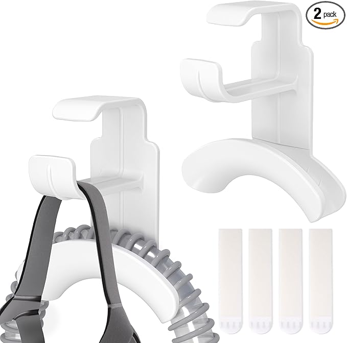2 Pack CPAP Hose Holder for Bed, CPAP Tube Holder Compatible with CPAP Hose & Headgear Storage, Bedside CPAP Hook for CPAP Organization with 4 Removable Strips（2 White
