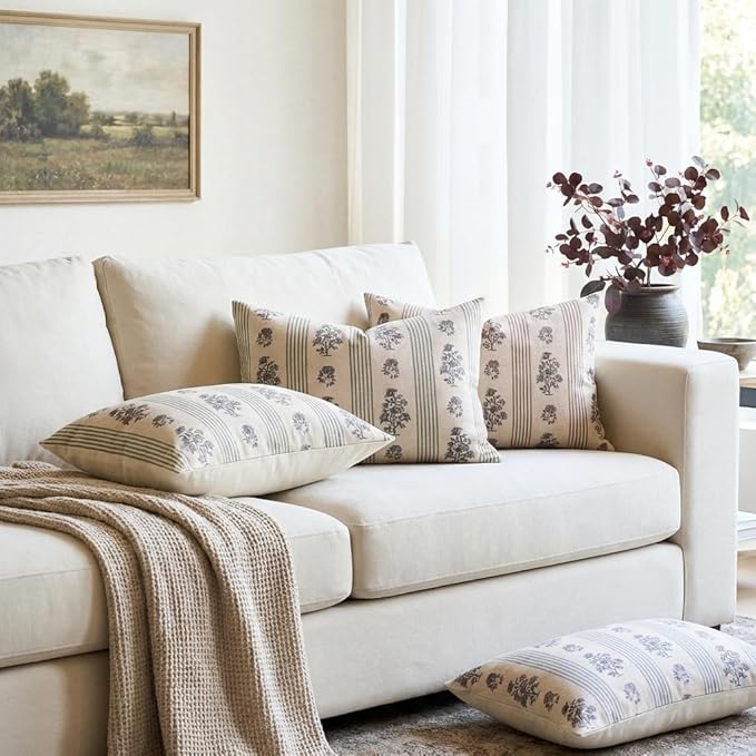 Amor Virisso Floral Throw Pillow Covers 12 x 20 Set of 2 Block Print Pillow Covers Neutral Floral Striped Farmhouse Decorative Pillow Covers for Sofa Couch Bed, Light Blue