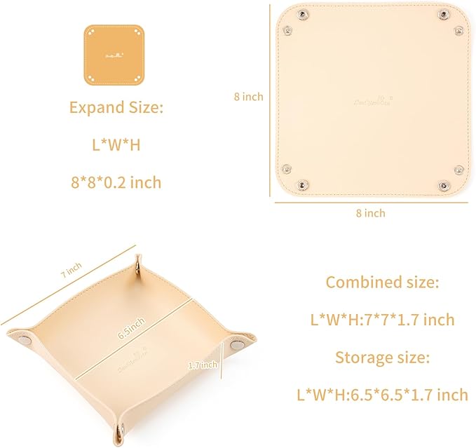 SANQIANWAN PU Leather Arc Edge Jewelry Valet Tray for Man and Women, Portable Mini Entryway Table Tray Bedside Nightstand Desk Tray Small Travel Dish Plate for Key,Wallet,Watch,Coin (Beige)