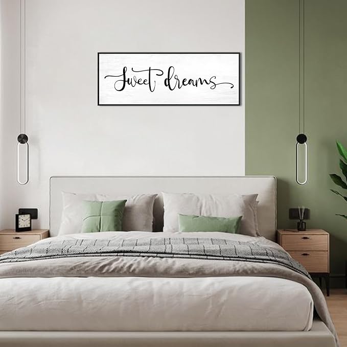 Sweet Dreams Wall Decor Above Bed: 40x15 Inch Framed Canvas Bedroom Wall Art, Farmhouse Bedroom Sign Rustic Hanging Plaque for Master/Guest Room Modern Home Decor