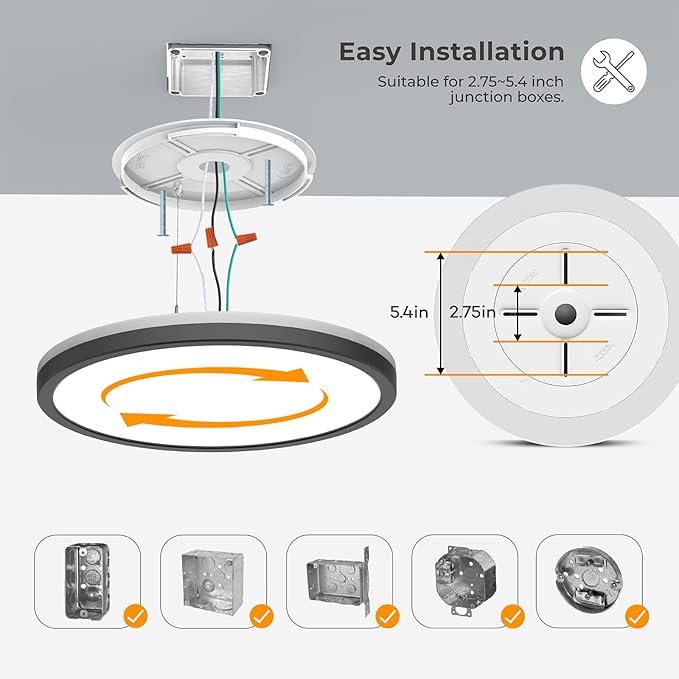 Matane 2Pack LED Flush Mount Ceiling Light Fixture with Night Light, 12inch 24W 2400LM 3000K/4000K/5000K Selectable, Dimmable LED Ceiling Lights for Bedroom, Dining Room, Kitchen, Round Black