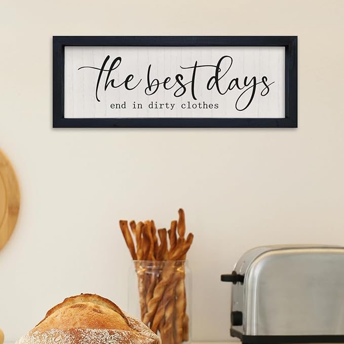 comurdyo Laundry Sign Wall Decor 16"×6" The Best Days End In Dirtiest Clothes Funny Laundry Room Bathroom Wood Framed Hanging Wall Art (Black)