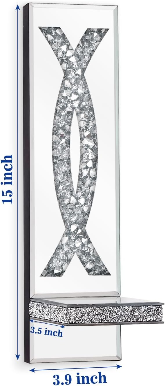 Crystal Crushed Diamond Mirrored Candle Sconces Set of 2 Silver Glass Wall Candle Holder Bling Wall Decorations for Home Decor Living Room Dining Room Bedroom