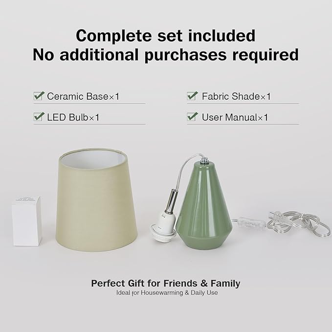 Small Bedside Table Lamp for Bedroom - Reading Desk Lamp with 3 Color Temperatures，15.5" Nightstand Ceramic Lamp with Fabric Shade for Kids Room,Living Room,Dorm,Home Office (Green)