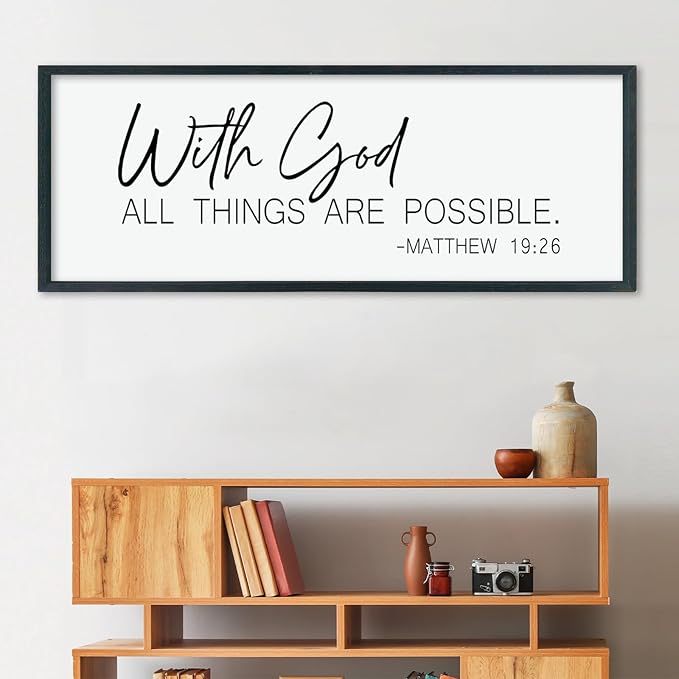 LuZhiQiang Christian With God All Things Are Possible Wall Decor 40"×15" Religious Home Bible Verse Sign Inspirational Print for Living Room Large Wood Framed Catholic Wall Art Hanging (Black)