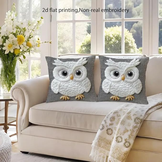 Decorative Owl Throw Pillow Cover, 2D Printed Design on Gray, White Non-Embroidered Pattern, Set of 2，18x18 Pillows Linen Pillowcase