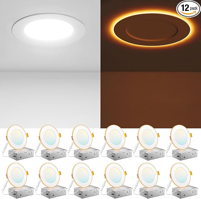 Amico 12 Pack 4 Inch 5CCT LED Recessed Ceiling Light with Night Light, 2700K/3000K/3500K/4000K/5000K Selectable Ultra-Thin Lighting, 10W=90W, 700LM, Dimmable Canless Wafer Downlight - ETL&FCC