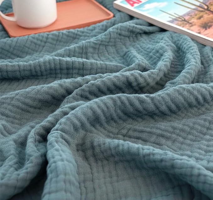 KyraHome 100% Organic Cotton Muslin Blankets, 90"x90" Queen, Pre-Washed, Breathable Lightweight Gauze Cotton Blanket for Couch, Adults, All Season (Slate Blue)