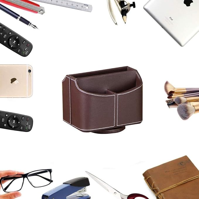 PU Leather Remote Control Holder,360 Degree Spinning Desk TV Remote Caddy,Desk Organizers and Accessories,for Controller,Media,Mail,Calculator,Mobile Phone,Pen Storage Holder(Brown)