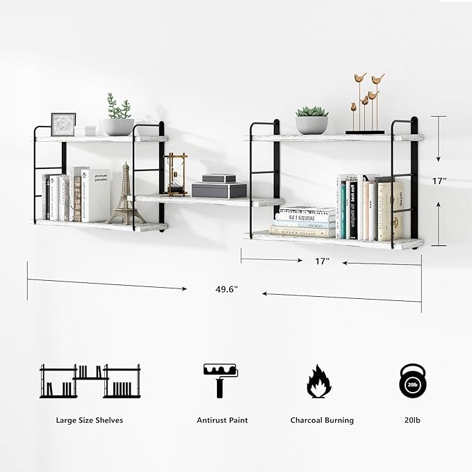Wall Shelves, Wall Mounted Bookshelves, DIY Floating Shelves for Wall, Wood Hanging Book Shelves for Room, Bedroom, Living Room, Easy Installation (Washed White, 50W x 17H)
