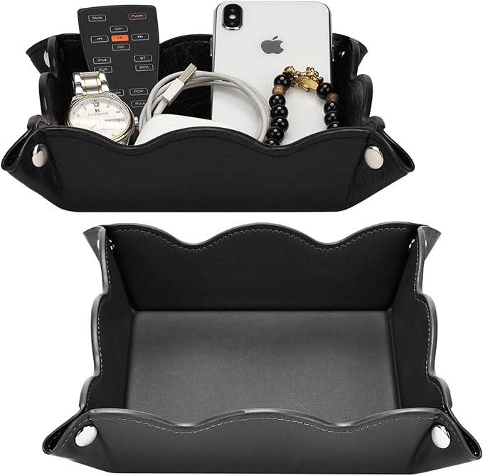 Valet Tray for Men Women 2 Pack - PU Leather Travel Catchall Tray Organizer - Desk Bedside Nightstand Storage Box for Jewelry Key Phone Remote Controller Wallet Watch Glasses Readers -Black