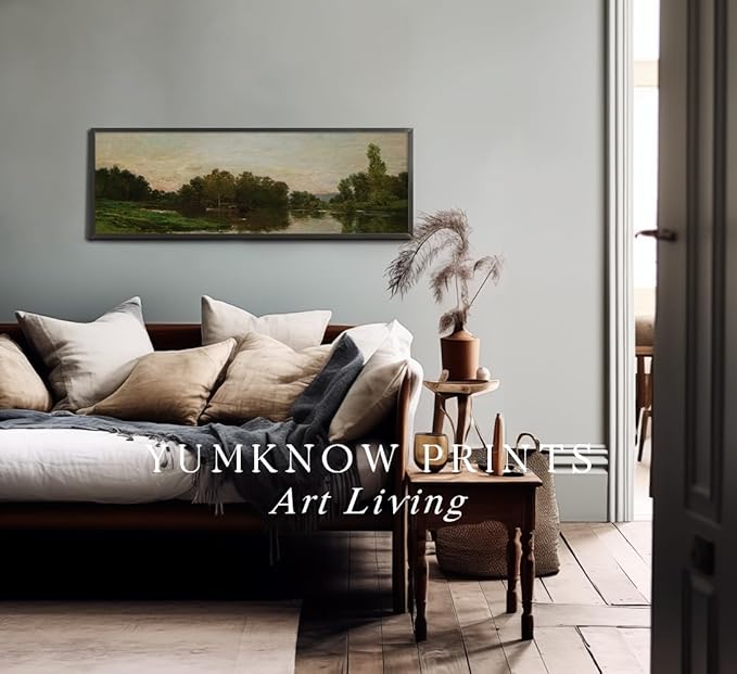 Rolled Canvas Vintage Farmhouse Bedroom Wall Decor Above Bed - Horizontal Wall Art Entryway - 16x48 - Panoramic Landscape Picture Sign - Canvas Muted Moody Pond Boat Cottagecore Fishing Print Poster