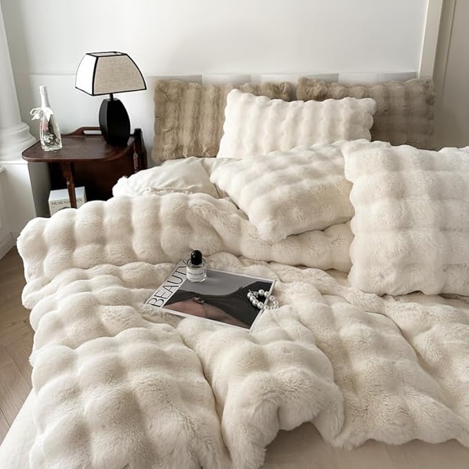 H&D Faux Fur Throw Blanket for Couch,Fluffy Cozy Soft Plush Luxury Thick Fuzzy Fleece Blanket for Couch Bed Sofa Bedroom Living Room,Comfy Bubble Blanket(Ivory, Queen (80"x90"))