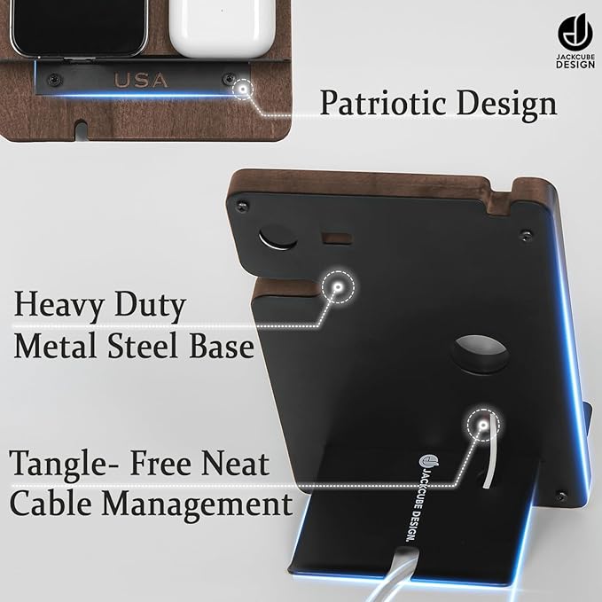 J JACKCUBE DESIGN Wood Charging Docking Station, Phone Watch Charge Dock Stand Multi Device Nightstand Organizer Holder for Smartphone Cellphone Accessories Bedside Caddy -MK243B