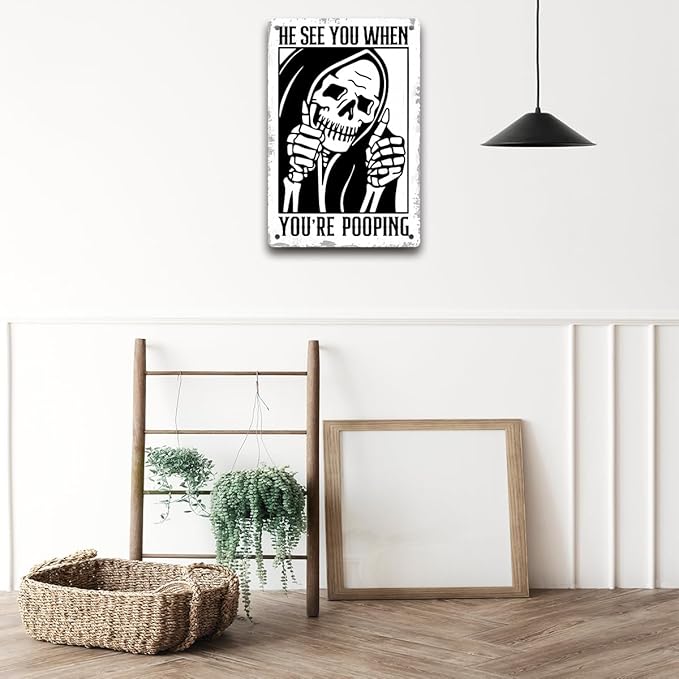 Funny Gothic Bathroom Home Decor Metal Tin Sign: Funny "He Sees You When You Are Pooping?" Bathroom Wall Art Decor for Skull Lovers 8 X 12 Inch