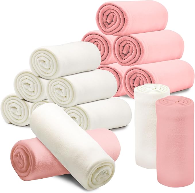 12PCS Fleece Throw Blankets Bulk 60 x 50 in Soft Blankets Fabric Warm Lightweight Wool Blanket Cozy Coverlet for Beds Sofas Home Wedding Season and Valentine's Day(Pink +White)