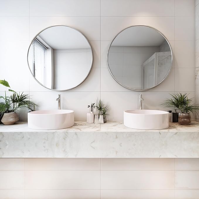 Silver Round Mirror 24 inch, 2 Pack Silver Circle Mirror, Round Bathroom Mirrors Metal Frame for Bathroom, Bedroom, Living Room, Hallway.