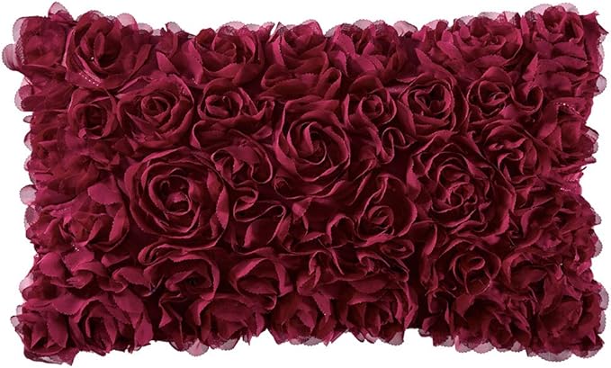 MIULEE 3D Rose Flower Pillow Cover Decorative Spring Floral Romantic Stereo Chiffon Aesthetic Solid Pillowcase for Girl Bedroom Living Room Decor 12x20 Inch Wine Red