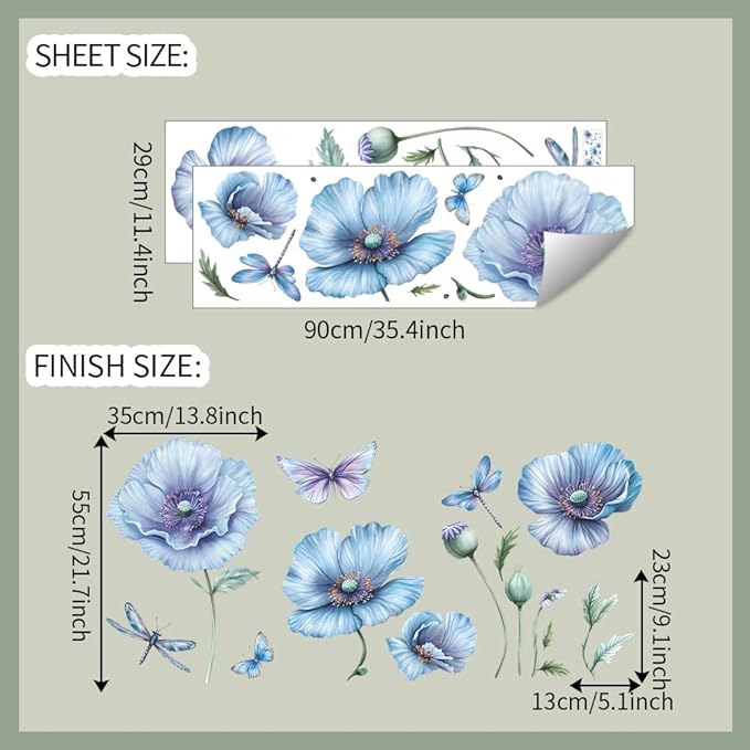 3D Wall Stickers DIY Flower Wall Decal Removable Waterproof Wall Art Decor for Bedroom Living Room Offices Home Decoration (Blue Corn Poppy)