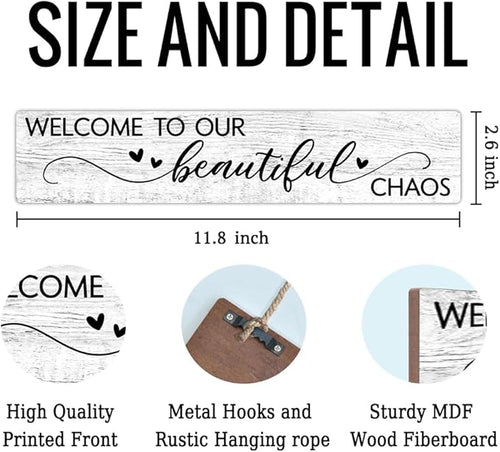 AGMDESIGN Welcome to Our Beautiful Chaos Wooden Sign, Rustic Wall Home Decor for Shelf Door, Farmhouse Yard Bedroom Playroom Porch Entryway Wooden Hanging Plaque, New Parents Housewarming Gifts