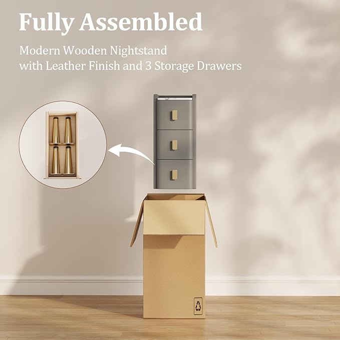 AQIMUELE Narrow Nightstand with Drawers, Narrow Side Table Leather, Small Bedside Tables for Bedroom. (Dark Gray)