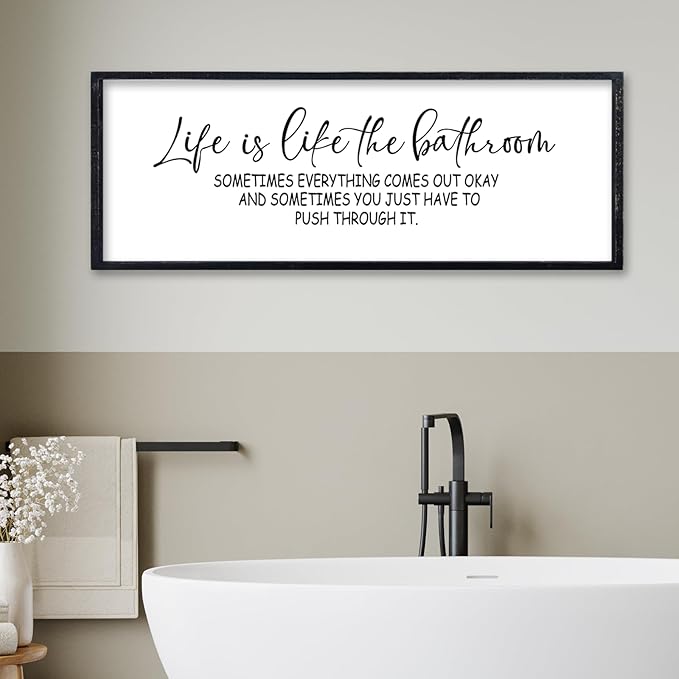 comurdyo Funny Motivational Life Is Like The Bathroom Humorous Wall Decor Art 32"×12" for Farmhouse Bathroom Restroom Toilet Shelves Sign Large Modern Rustic Wooden Framed Wall Hanging (Black)