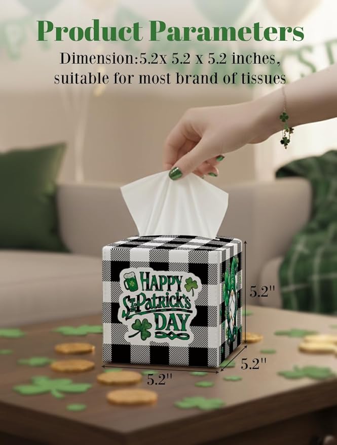 St.Patrick's Day Napkin Tissue Box Cover, Buffalo Plaid Gnome Waterproof Leather Paper Organizer Dispenser for Table Dining, Bathroom, Nightstand Vanity, Car, Housewarming Gift Ideas, G