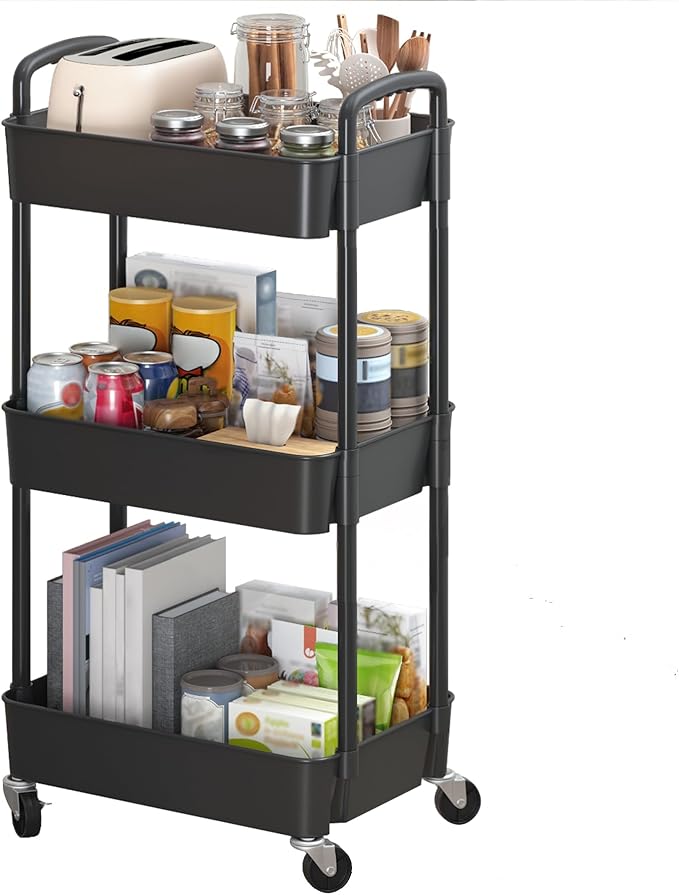 Sywhitta 3-Tier Plastic Rolling Utility Cart with Handle, Multi-Functional Storage Trolley for Office, Living Room, Kitchen, Movable Storage Organizer with Wheels, Black