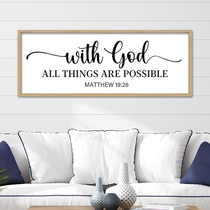 With God All Things Are Possible Sign Wall Decor 40"×15" Matthew 19:26 Bible Verse Jesus Religious Christian Scripture Prayer Large Wooden Framed Wall Hanging Art (Wood)